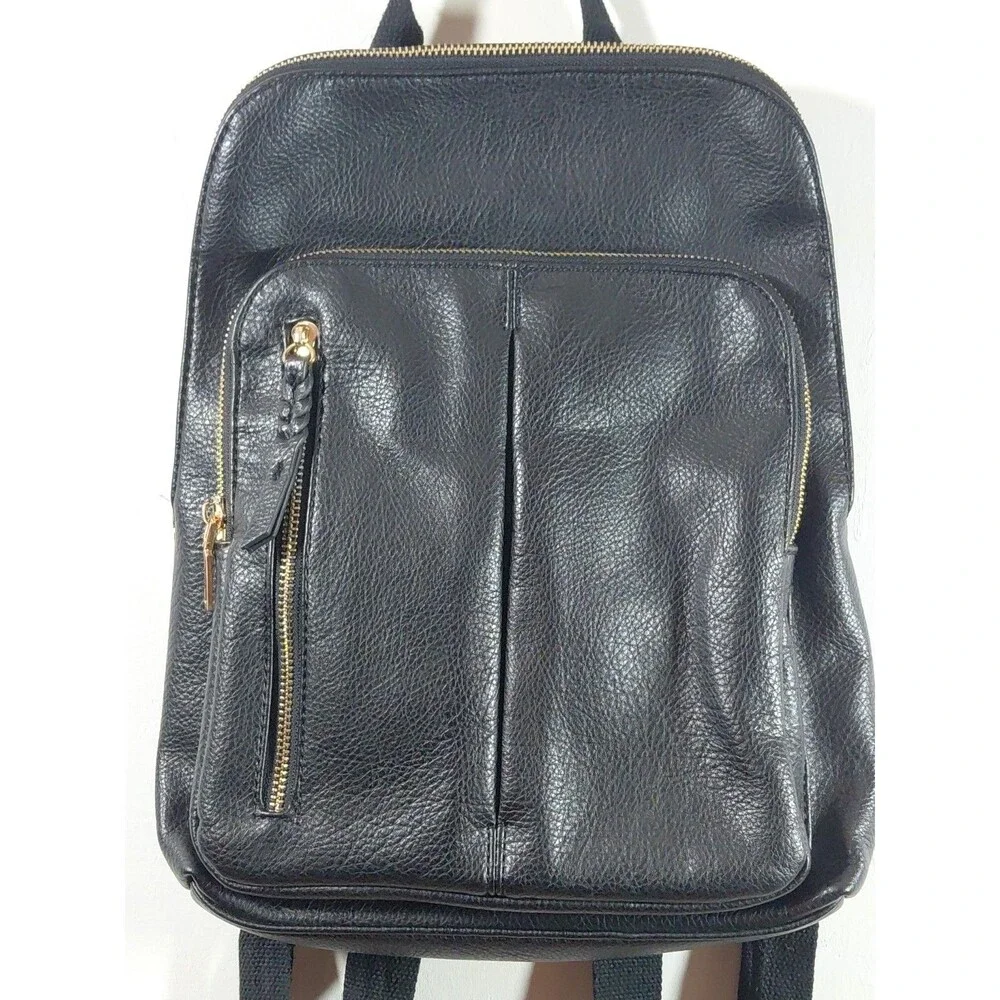 Woman's Black Faux Leather Gold Zippers Double Strap Bookbag Small 11.5
